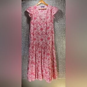 LA PLAGE Mallory Short Sleeve Tiered Maxi Dress XS Pink White Lightweight V-Neck